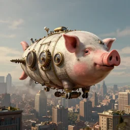 a pig blimp hybrid, steampunk, digital art, extremely detailed, flying over a city, greg rutkowski, cinematic