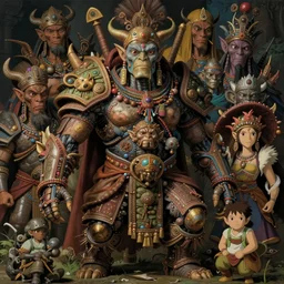 ancient javanese cyborg orc overlord humanoid, hayao miyazaki's movies, studio ghibli's mastery of color grading detail, insanely detailed intricate, realistic octane 3 d, hyper realistic, complex scene, art station, uhq, textures, detailed expression on every face, dramatic, maximalist painting by bouguereau and gurney