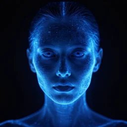 closeup portrait of an ethereal mcdonalds made of blue light, divine, cyberspace, mysterious, dark high-contrast concept art