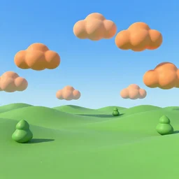 a beautiful 3 d fantasy landscape art, orange clouds in the blue sky and green trees, snowy mountains, 3 d art in bob ross style, unreal engine 5, hyper realism