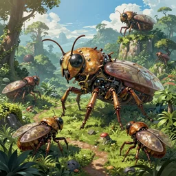 an intricate concept art, illustration, fantasy micro - world of mechanical large insect biomes in the rainforest, megafauna, ultra photorealistic, ultra sharp, pinterest, artstation, cgsociety, pinterest, digital art, anime colors, style by wlop, hyperrealistic, octane render, 8 k