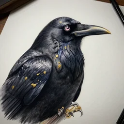 realistic tattoo designs drawn on paper, raven, dark, golden, delicate, hyper realism, tim burton, ink, ultra realistic, 8 k