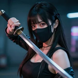 Asian cyberpunk young woman wearing a face mask and wielding a sword, photorealistic, hyperdetailed