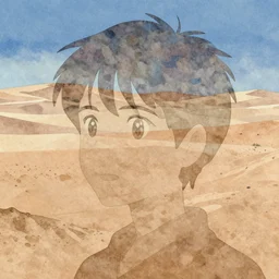 professional coherent still frame cinematic close - up shot from appealing naturalistic stark mirage - filed desert, representational earth tones, stunning clarity experimental cut paper mixed media blotchy character shape design by masaaki yuasa, pleasing palette watercolor masterpiece