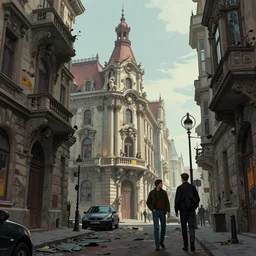 detailed ultra - realistic graphic novel illustration of cyberpunk postapocalyptic baroque budapest street by edward hopper and gregory crewdson, cinematic, full shot, ian miller, wayne barlowe, greg rutkowski