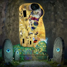 ancient overgrown ruins, medieval gates, runestones, mysetrious etherial mesmerizing runic cat eyes, magical elven geometry, concept art by gustav klimt, deviantart contest winner, environmental art, high detail