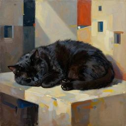 an abstract oil painting of a cute fat black cat sleeping in the style of gehry and gaudi