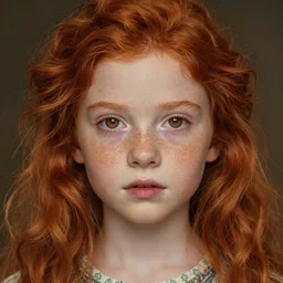 portrait of 1 4 - year - old girl with flaming red hair, a lot of freckles, and bright brown eyes, wearing shirt, hyper realistic face, beautiful eyes, fantasy art, in the style of greg rutkowski, intricate, alphonse mucha, hyper detailed, smooth