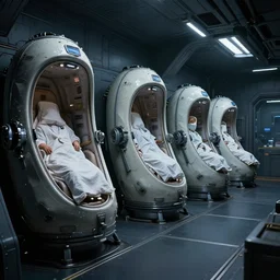 epic professional digital art of interior scene of dark spaceship room with upright hyperbaric sleeping pods lining wall, 4 k, cinematic, detailed, best artstation, cgsociety, epic, stunning, gorgeous, wow wow detail