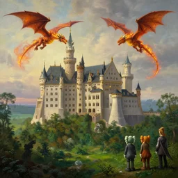 beautiful matte art of a big castle in a serene landscape and fire dragons flying in the sky, by albert bierstadt, green grass, highly detailed, crystal lighting, mystical, forest, hyperrealistic, 4 k, unreal engine, magical, by joe fenton, by greg rutkowski, by greg tocchini, by kaws, by kate beaton, by kaethe butcher