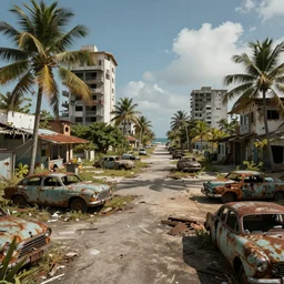 wide angle shot of dilapidated fallout 5 tropical coastal city in real life, desolate, dilapidated, empty streets, nightmarish, some rusted retro futuristic fallout vintage style parked vehicles, sunny weather, few clouds, volumetric lighting, photorealistic, daytime, autumn, sharp focus, ultra detailed, cgsociety