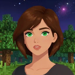 an hd photo of a young woman with short brown hair, green eyes, beautiful trees in the background, night sky with multicolor stars and galaxies, trending on artstation, in minecraft