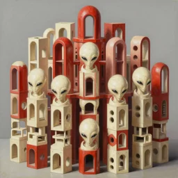 detailed realistic architectural painting of hundreds of alien mandelbulb gates stacked like jenga made of carved out ivory shades of red by mc escher