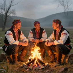ukrainian cosaks sitting around fire and speak, detailed, volumetric light, sharp focus, highly detailed, by goro fujita ilustration artstation