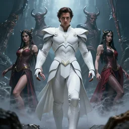 japanese henry cavill in white celestial armor emerging from the depths of hell, sigma male, smooth, sharp detail, by james jean, ruan jia, ilya kuvshinov, martinne johanna, martine johanna