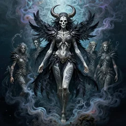 goddess of death with full body tattoos and black feather armor, by petros afshar, ross tran, peter mohrbacher, tom whalen, underwater psychedelic smoke, highly detailed, intricate, elaborate, detailed illustration, sharp focus, featured on artstation