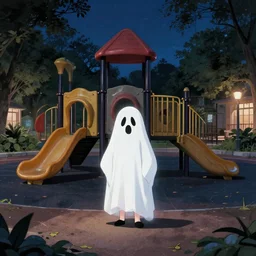 a park, with a playground at night with a ghost boy