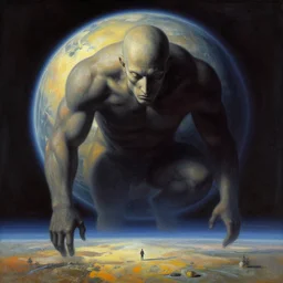mysterious giant on a distant planet by zdzislaw beksinski and anato finnstark, vivid, fine details, atmospheric, masterpiece