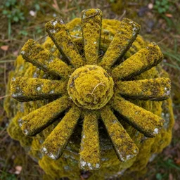 radial statue with very yellow moss