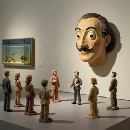 plasticine sculpture stop motion. salvador dali clay models. gallery paintings figures clay. minimal. tilt shift. fish tank. visitors. photorealistic. john craxton. small hole in wall
