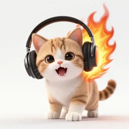 a kitten using headphones exited with flame explosion on it's corner,