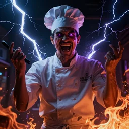 synthwave led dark kafkaesque dystopian portrait of crazy teppanyaki chef laughing manically and yelling. lightning and fire everywhere. high quality digital art.