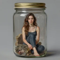 a tiny realistic proportioned woman sitting in a jar. beautiful detailed painting by artgerm and magali villanueve and michael whelan, detailed face