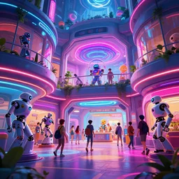 exterior shot, ready player one, teenager hangout spot, scifi futuristic shopping mall , robots  , people  , neon lights, james gurney, katsuhiro otomo, james paick, cinematic lighting, artstation, vibrant nature, anime style, Craig Mullins, Greg Rutkowski, Pete Morbacher, Tuomas Korpi, tekkon kinreet, volumetric light, artstation, , octane render, redshift render, low angle camera