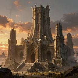 Minas Tirith ruins after the war at sunset by Alan Lee, intricate, highly detailed, digital painting, artstation, concept art, smooth, sharp focus, illustration, vfx