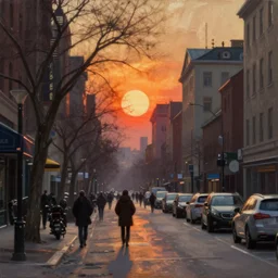 Manhattan hanging sun in winter, street view, warm lighting, oil painting, by Giorgio de Chirico
