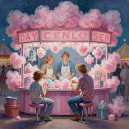 an airbrush painting of an elaborate hidden object scene in a cotton candy shop at the local fair by destiny womack, gregoire boonzaier, harrison fisher, richard dadd