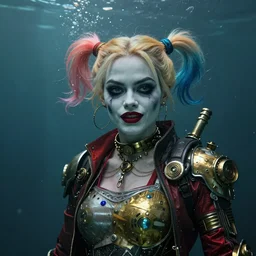 underwater steampunk portrait of emma stone as harley quinn, hyper detailed, digital art, cinematic lighting, studio quality, smooth render, octane rendered, art style by klimt and nixeu and ian sprigger and krenz cushart.