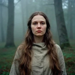 portrait bust of woman, solemn expression, russian cinema, tarkovsky, kodachrome, dense forest, long brown hair, cloth, heavy fog, hudson river school, 4 k, dramatic lighting