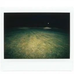 polaroid photo of mowed golf empty steep grass hill with no trees, flash photography at night