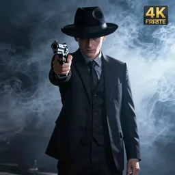 mysterious man in black suit and black hat, he has a pistol, smoke, fog, mysterious, 4 k, highly detailed, digital art, strong shadows, high contrast, epic scene, atmospheric, blue colours