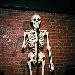 a funny skeleton doing stand up comedy show with microphone, red brick background, spotlight, smoky atmosphere, analogic grainy photo, 9 0 aesthetic