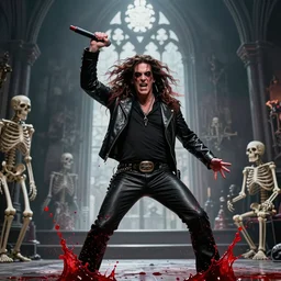 a photo of ozzy ozbourne headbanging, splashes of red liquid, gothic background with skeletons, energetic, delicate by marcel christ