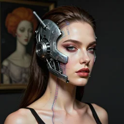 sexy beautiful woman head made of mech mask rendered in unreal engine, cyberpunk, rave by andy warchol, scifi nanowires on skin, painted by albrecht durer | bernard buffet | alyssa monks | alfred kubin