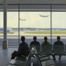 inside an airport waiting area looking outside, planes landing, painting by edward hopper,