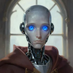 portrait of a robot wizard, blue bright eyes, window, intellectual, sofisticated, fantasy, highly detailed, digital painting, artstation, concept art, character art, art by greg rutkowski and tyler jacobson and alphonse mucha