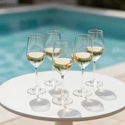 5 5 mm photo of best glass of whitewineglass with tall shadow on a zen minimalist round white table with gorgeous pool in the background. highly detailed 8 k. intricate. lifelike. soft light,