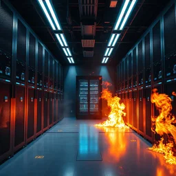 studio photo still of a server room on fire!!!!!, 8 k, studio lighting, overhead lighting