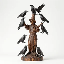 ortographic view of a orante wooden sculpture of a murder of crows