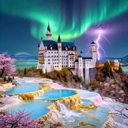 neuschwanstein castle on pamukkale thermal waters flowing down gold travertine terraces in royal blue antelope canyon during sakura season on an interstellar aurora borealis with heavy thunder and lightning, pink waterfalls, rainbow, by peter mohrbacher, james jean, james gilleard, greg rutkowski, vincent di fate, rule of thirds, octane render, beautiful landscape, rainbow bridge, massive scale