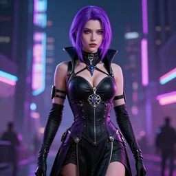 portrait, attractive greek assassin, cyberpunk, purple hair, ornate practical black dress, neon lights, city, octane render, rossdraws, tom bagshaw, ross tran, charlie bowater, ruan jia, greg rutkowski, 1 6 k, warm, character illustration, headroom, symmetry
