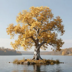 Old oak shining with a delicate glow with golden leaves and silver bark standing on a lonely island in the middle of a lake 8k resolution artwork matte painting