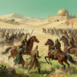 detailed matte painting by greg rutkowski : old islam army about to enter a war with swords, realistic, fighting, horses, desert, green theme, 8 k detailed, artstation