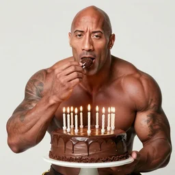 dwayne the rock johnson eating a chocolate cake with 100 candles