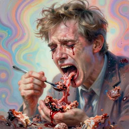 bright psychedelic charlie kaufman eating rotten flesh, crying tears of blood and puking, diffuse lighting, fantasy, intricate, elegant, highly detailed, lifelike, photorealistic, digital painting, artstation, illustration, concept art, smooth, sharp focus, art by francis bacon