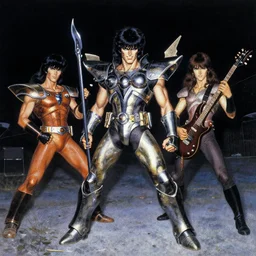 frank frazetta painting of an anime metal band photo, direct flash photography at night, film grain